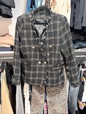 Black Windowpane Tweed Double-Breasted Blazer
